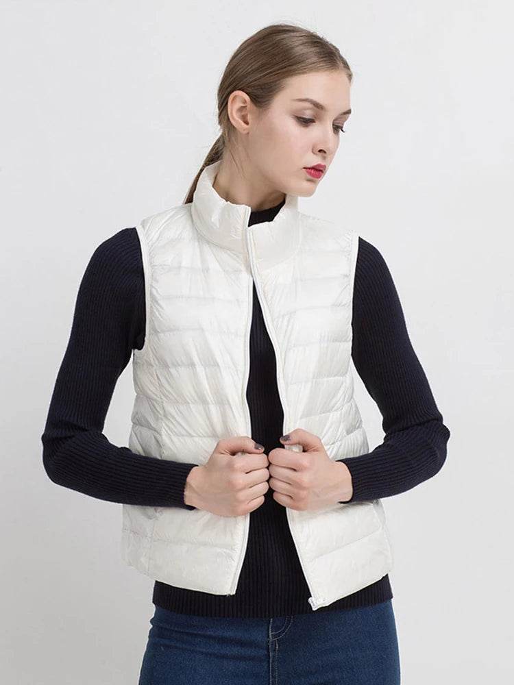 0-10℃ Women Vests Autumn Winter Ultra Light Duck Down Vest Female Slim Sleeveless Jacket Windproof Warm Puffer Waistcoat 4XL - AIAZ