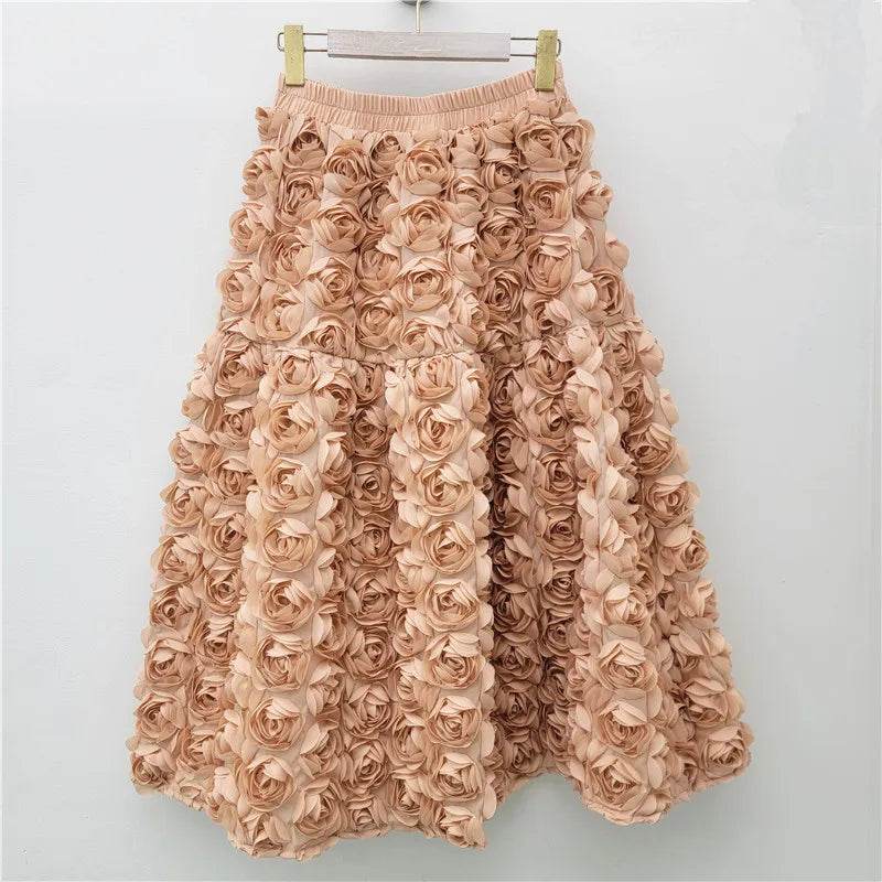 Skirt for Women 2025 Summer Versatile Three Dimensional Flower Mid-calf Skirt High Waist Big Swing Fashion A-line Long Skirts - AIAZ