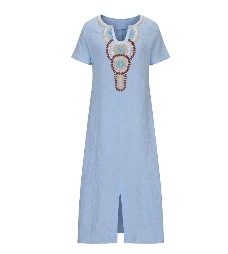 Boho Vintage Embroidered Cotton Linen Long Dresses Women Summer 2025 New V Neck Split Hem White Dress Beach Party Dress Robe - AIAZ