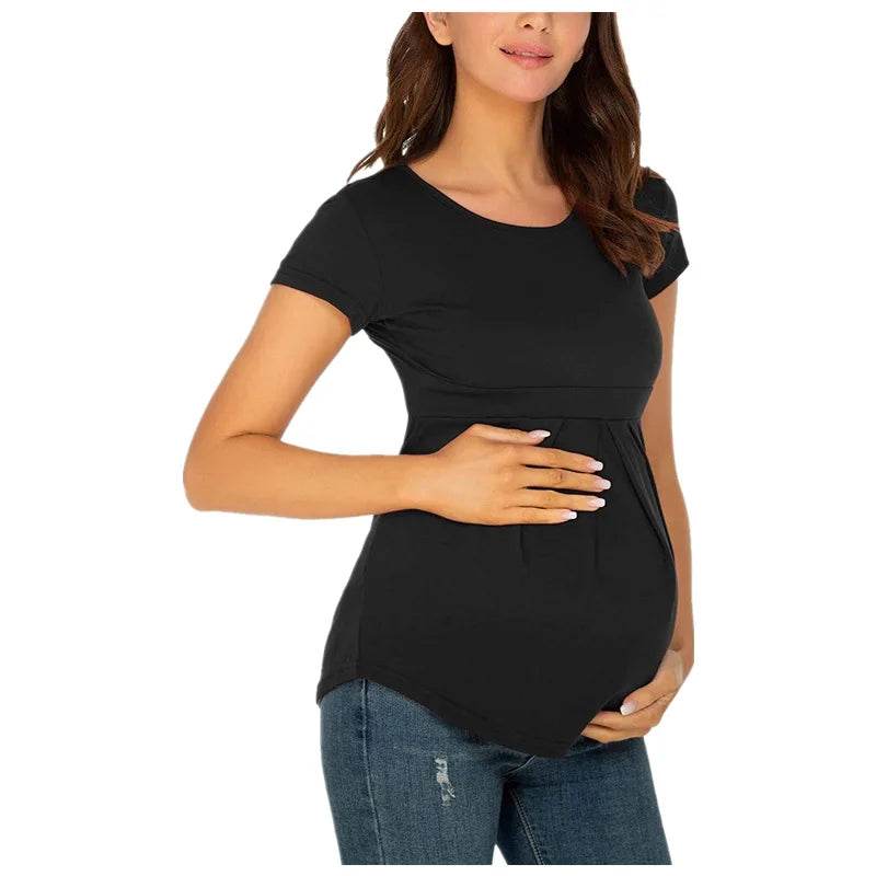 Summer Maternity Tops Women Pregnancy Short Sleeve T-Shirts Casual Tees for Pregnant Elegant Ladies Folds T-Shirt Women Clothes - AIAZ