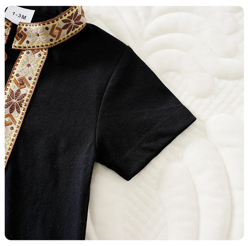 Ethnic Retro Lace Black Design 100% Cotton Soft&Comfortable 2025Newborn Summer0-18Months Boys and Girls Baby Short-Sleeve Romper