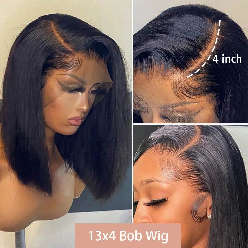 13x4 Bone Straight Bob Wig Lace Front Human Hair Wigs 4x4 Short Bob Wig Lace Frontal Wig 100% Human Hair 200% Density 12 14 Inch - AIAZ