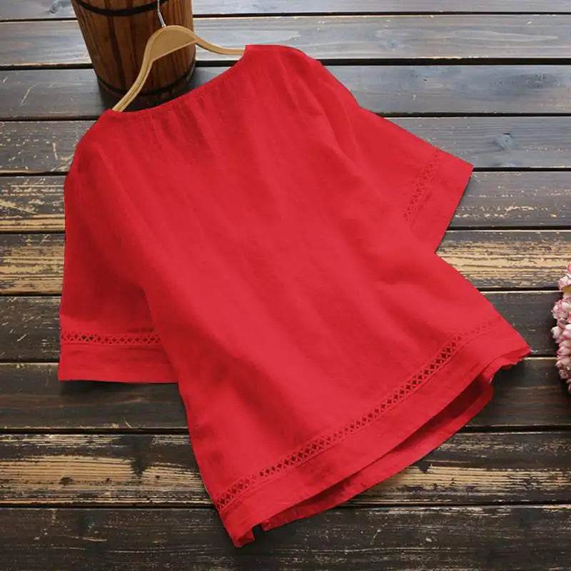 Fashion O-neck Short Sleeve White Lace Tops And Blouses Women 2024 Summer Loose Casual Cotton Linen Top Femme Blouse Shirt Woman - AIAZ