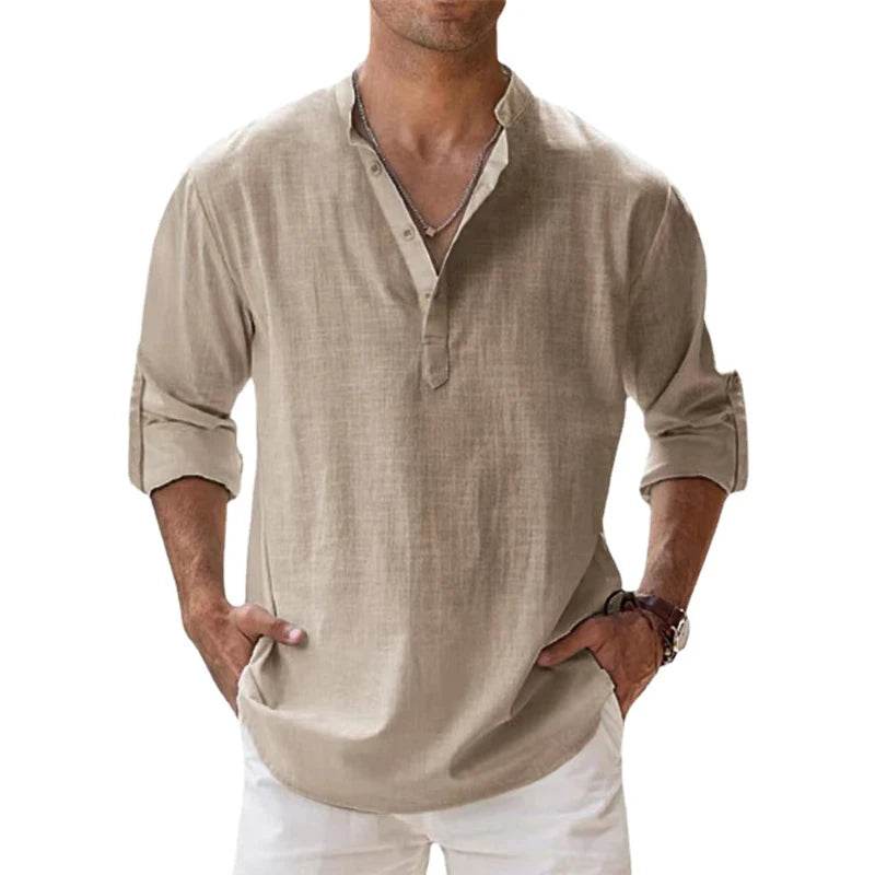 New Cotton Linen Shirts for Men Casual Shirts Lightweight Long Sleeve Henley Beach Shirts Hawaiian T Shirts for Men - AIAZ