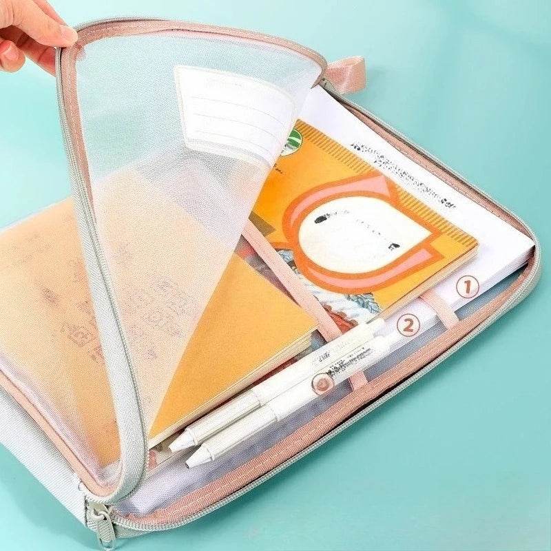 A4 Book Bag for School Double Layer Mesh Organizer Large Capacity Student Essentials Textbooks Folders Storage School Supplies - AIAZ