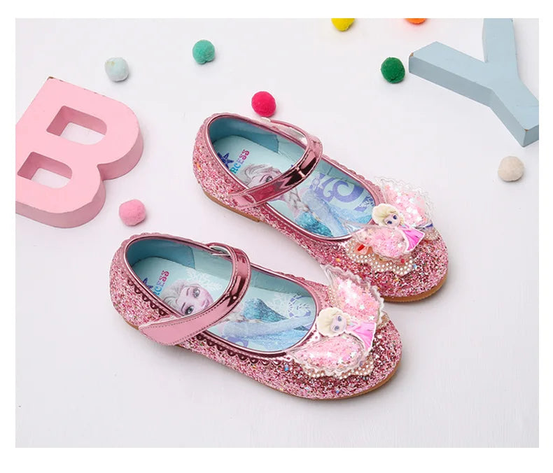 Disney Elsa Frozen Girls Princess Shoes Spring and Autumn Flat Paillette Shoes Children's Soft Sole Baby Casual Shoe Party Shoes