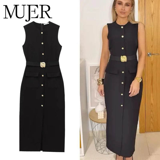 MUJER 2025 Womens Dresses Black Office Long Dresses for Women Spring Sleeveless Midi Dress Woman Belt Button Women's Dress Vest - AIAZ