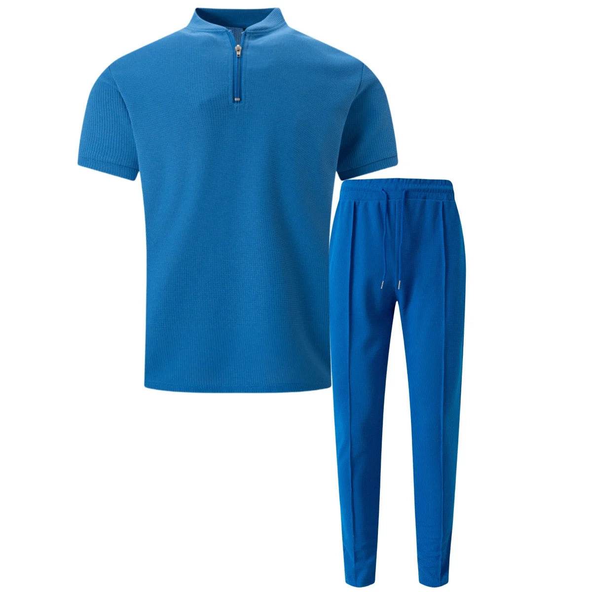 2025 Men's new summer suit Waffle collar solid color zipper short sleeve pants suit fashion casual loose sportswear - AIAZ