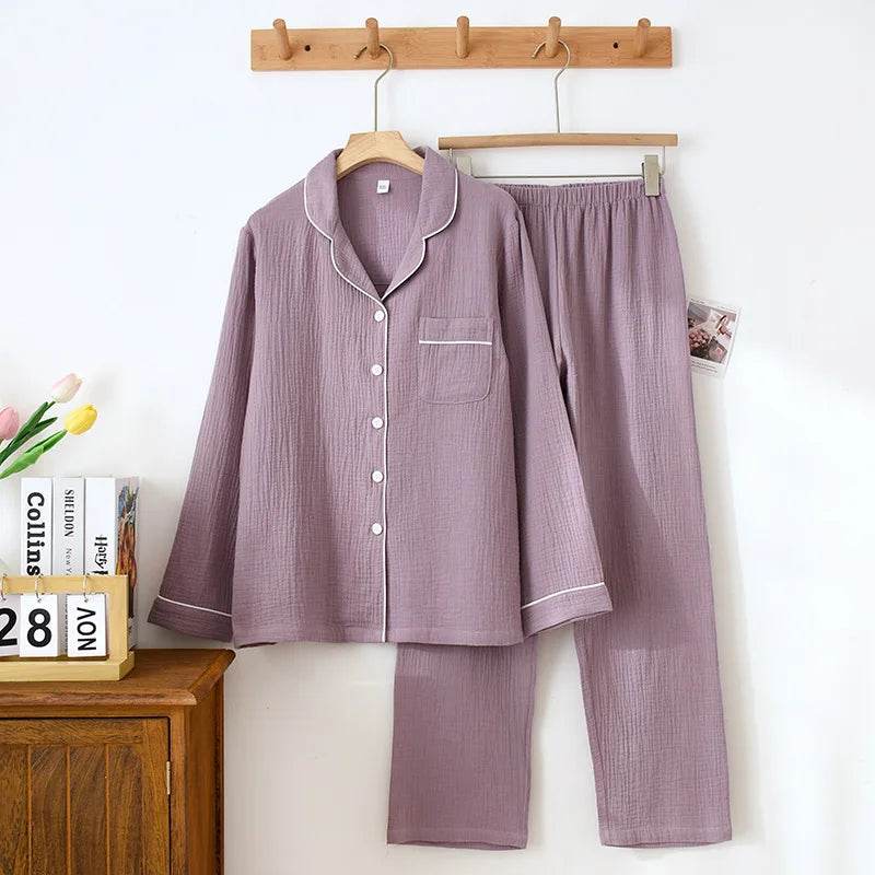 Solid Breathable Lovers 100% Cotton Crepe Pajamas Sets Women Men Autumn Long Sleeve Fresh Soft Pijama Mujer Casual Pyjamas - AIAZ