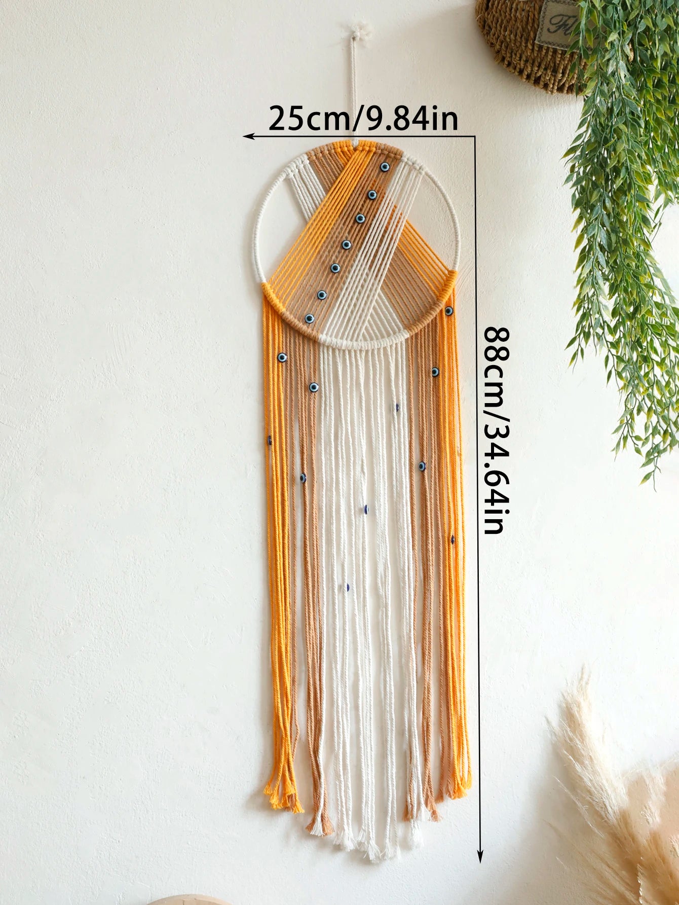 Handmade Macrame Wall Hanging with Fringe and Evil Eye Beads – Boho Chic Yarn Tapestry Home Bedroom Living Room or Nursery Decor
