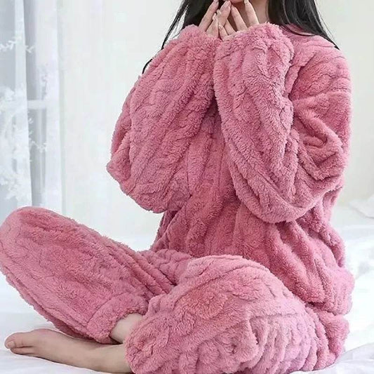 Autumn Women Solid Warm 1/2 Piece Sets Thicken Velvet Ribbed Fleece Set Pullover And Pants Women Casual Pajama Sets 2025 - AIAZ