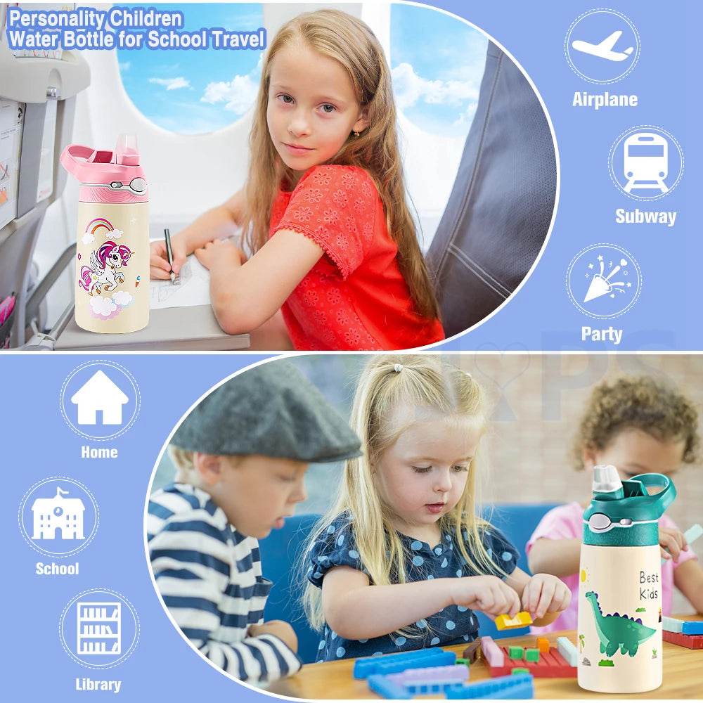 400ML Water Bottle for Children,Thermos With Cute Pattern,Children Thermal Bottle , School Kids Water Bottle With Straw BPA Free - AIAZ