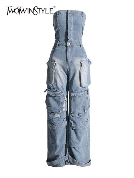 TWOTWINSTYLE Patchwork Pockets Streetwear Jumpsuits For Women Strapless Sleeveless Cold Shoulder High Waist Sexy Jumpsuit Female - AIAZ