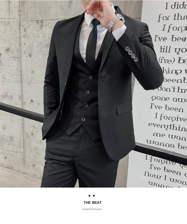 Suit (Blazer+ Vest + Pants) Men's Business Gentleman Fashion Slim Work Solid Color Plus Size Fair Dress Wedding Best Man Suit - AIAZ