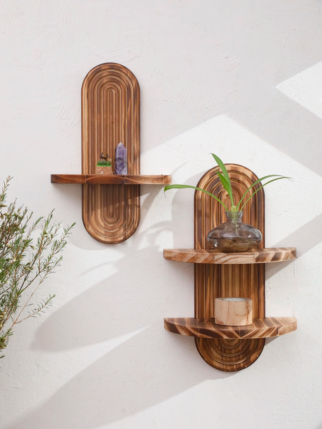 1/2-Tier Rustic Boho Wooden Wall Shelves - Charcoal Geometric Oval Wall-Mounted Shelves, Plants Display Stand, Home Decor Shelf