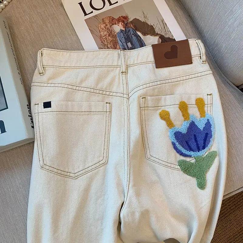 White Jeans For Women Spring High Waist Fashion Flower Design Straight Denim Pants Chic Loose Wide Leg Casual Trousers - AIAZ