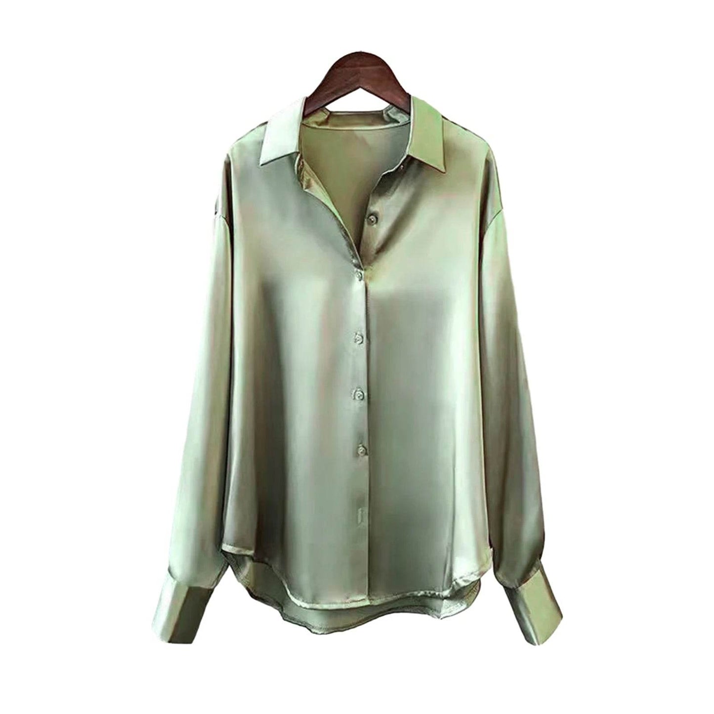 Soft Business Shirt Elegant Silky Satin Women's Spring Fall Blouse with Turn-down Collar Long Sleeve Single-breasted for Formal - AIAZ