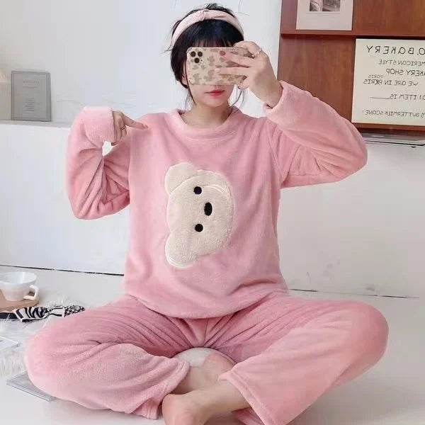 Women Pajamas Autumn Winter Flannel Warm Woman Sleepwear Korean cute Cartoon Pajama Set Fashion Pijama Mujer Home Cloth Pyjamas - AIAZ