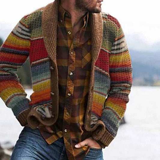 Men's Sweater Jacket Lapel Color-blocked Knitted Cardigan Sweater - AIAZ