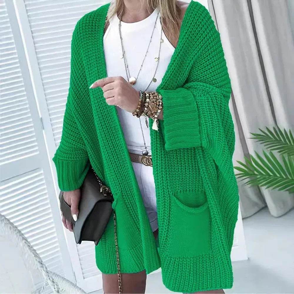 2025 New Knitted Long Cardigan for Women Autumn Casual Loose V-Neck Sweater Coats Ladies Elegant Solid Jumper Jacket with Pocket - AIAZ