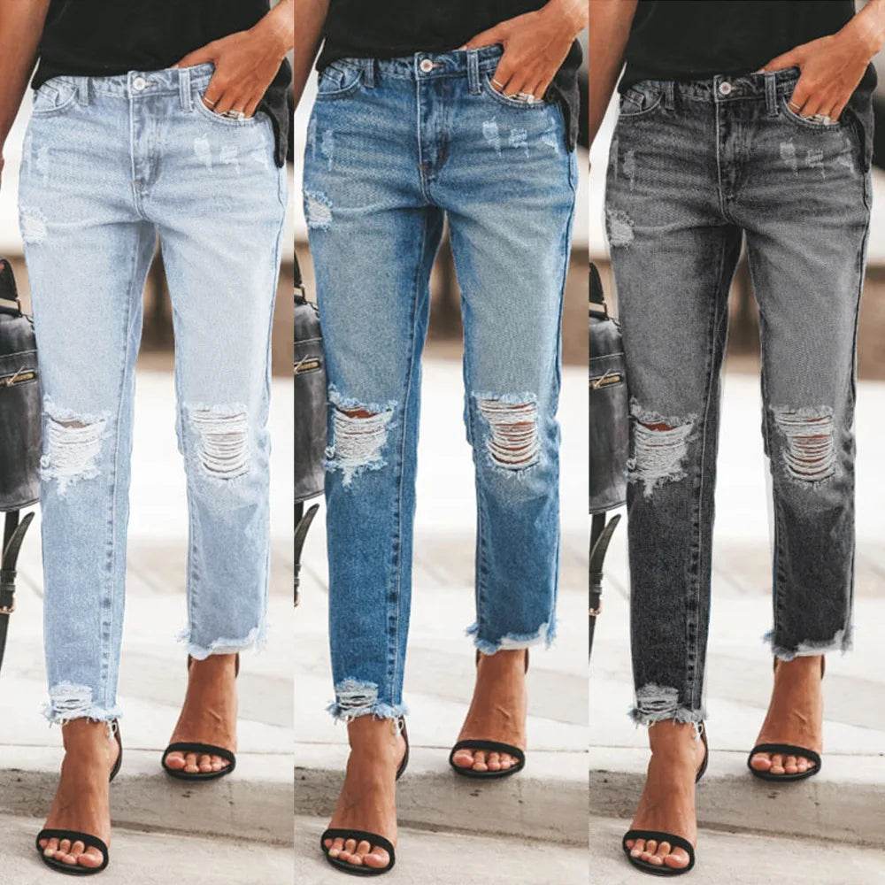 2023 New Women's Mid Waist Ripped Jeans Fashion Casual Ankle-Length Denim Straight Leg Pants Gray/Blue S-2XL Drop Shipping - AIAZ