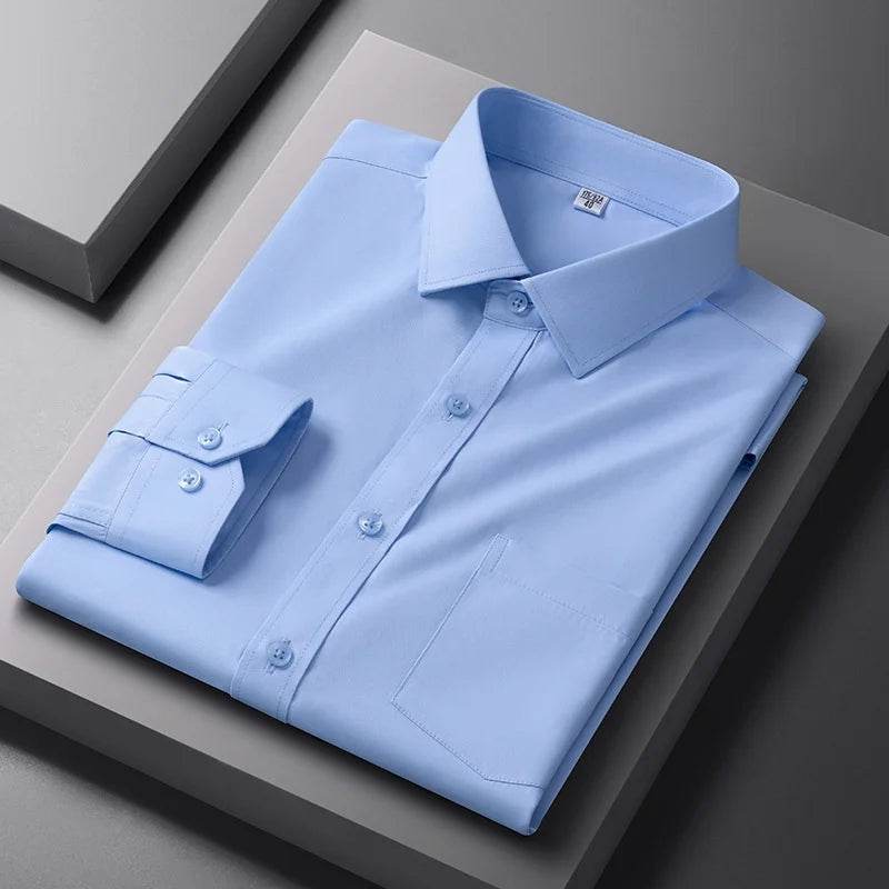 Men Formal Shirt Long Sleeve Office Solid Color Striped Anti-Wrinkle Fashion Business Pocket White Social Pocket Shirt S-4XL - AIAZ