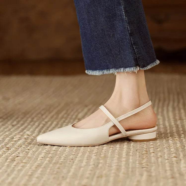 Summer Sandals Sheep Leather Women Shoes Pointed Toe Low Heel Women Pumps Genuine Leather Cover Toe Sandals for Women Handmade - AIAZ
