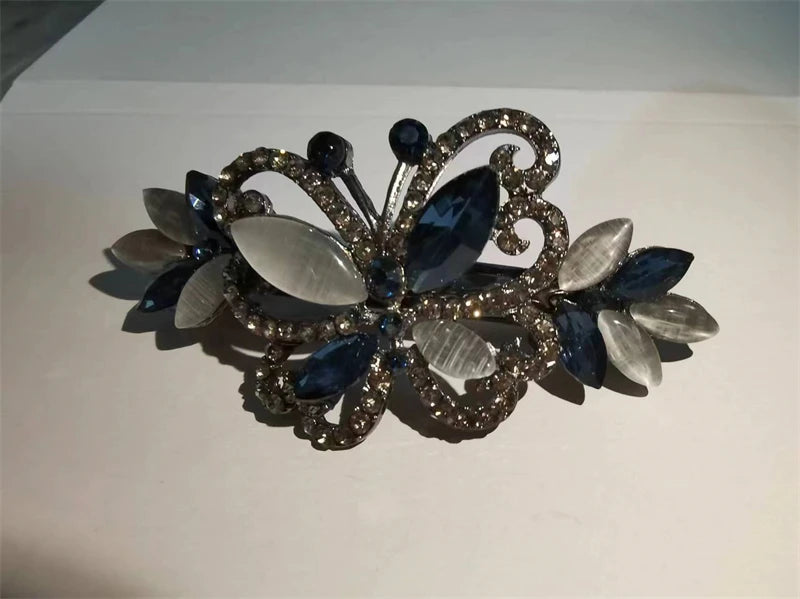 Red Crystal Flower Bow Spring Hairpin Vintage Ink Blue Rhinestone Horizontal Clip Top Clip Elegant Mom Fashion Hairpin Korean