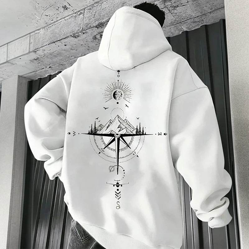 Vintage Compass Print Hoodies for Men High Quality Hooded Long Sleeve Pullover All Season Daily Casual Sports Tops Men's Clothes - AIAZ