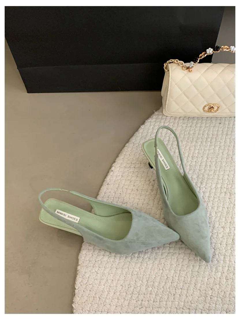 Fashion Brand Slingback Sandals Women Med Heels Pumps Elegant Pointed Toe Female Mules Dress Slides Sandalias Mujer Verano Mujer - AIAZ