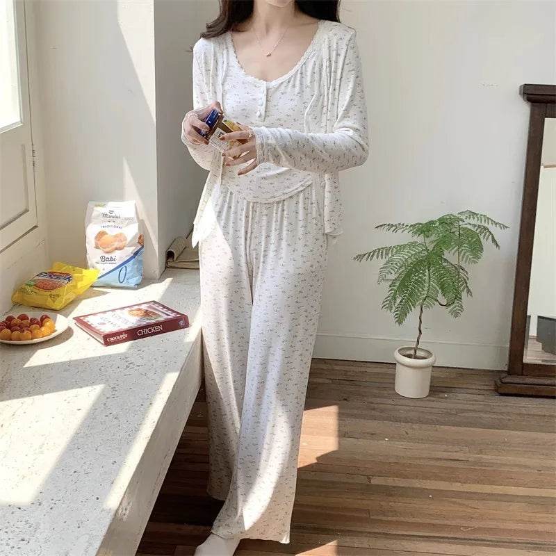 Three-Piece Pajama Set for Women Floral Lace Sweet Cardigan Camisole Homewear Long Sleeves Long Pants Fancy Underwear Ladies - AIAZ