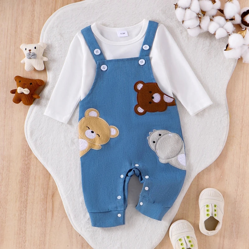 Citgeett Autumn Infant Baby Boys Girls Outfit Long Sleeve T-shirt Embroidery Animals Overall Pants Fall Outfit Clothing Set