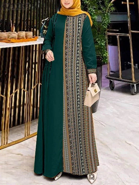 Fashion Women Long Sleeve Printed Muslim Abaya Dress ZANZEA Autumn Patchwork Sundress Maxi Dresses IsIamic Vestidos Robe Femme - AIAZ