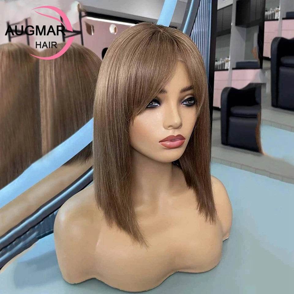 13x6 Chestnut Brown Bob Hair Wig Human Hair Lace Frontal Wig With Bangs Brazilian 13x4 Short Straight Lace Front Wigs For Women - AIAZ