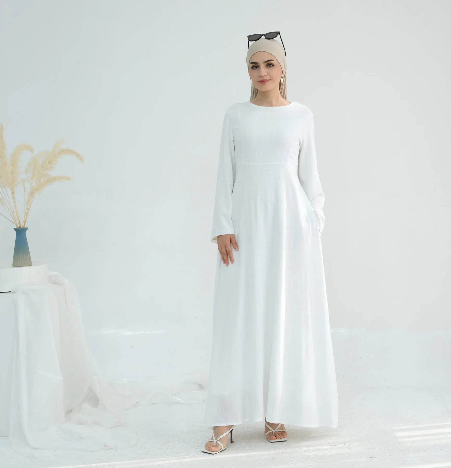 Muslim Women Long Loose Maxi Dress Dubai Turkey Solid Color Cotton Linen Waist Robe Abaya - AIAZ