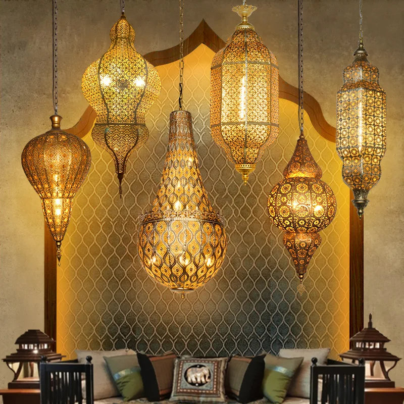 Vintage Antique Hollow Carving Pendant Lamp Southeast Asia Moroccan Golden Hanging Light Restaurant Bar Industrial Pendant Light