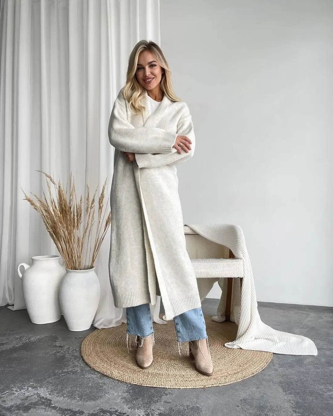 Women's Cardigan Wool Jacket Loose Retro Temperament Elegant Solid Color Collarless Knitted Long Sleeved Cardigan Jacket - AIAZ
