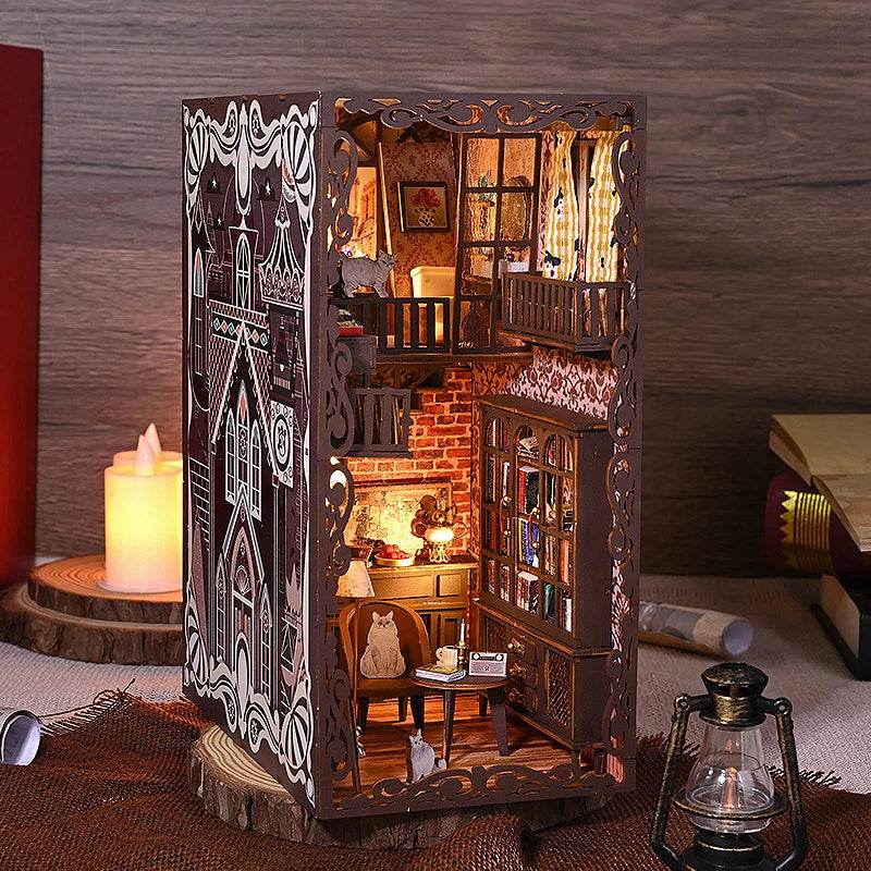 DIY Book Nook Kit Miniature Doll House With LED Light 3D Puzzle Model Building Wooden Bookshelf Bookend Toy Adults Birthday Gift - AIAZ