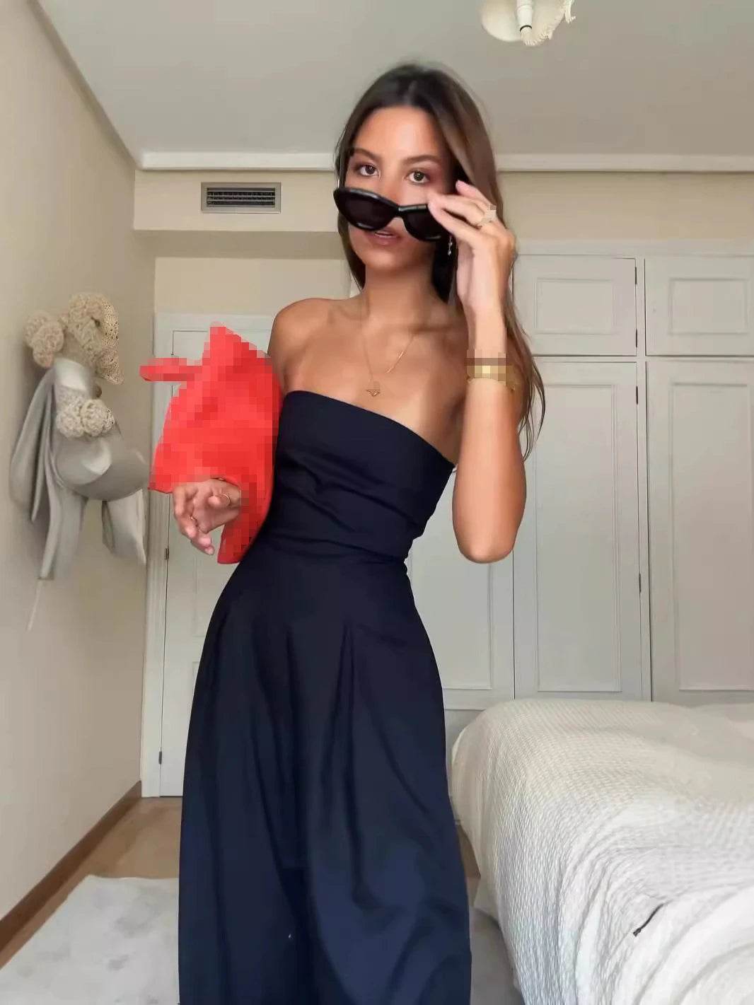 Summer Women Jumpsuit Fashion Strapless Solid Color Sleeveless Bandeau Loose Wide Legs Pants Casua Romper High Streetwear - AIAZ