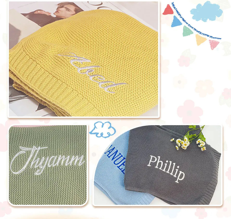 Embroidered Name Knitted Blanket  Stroller Cover Kids Cotton Nap Blanket for Newborn Shower Gifts