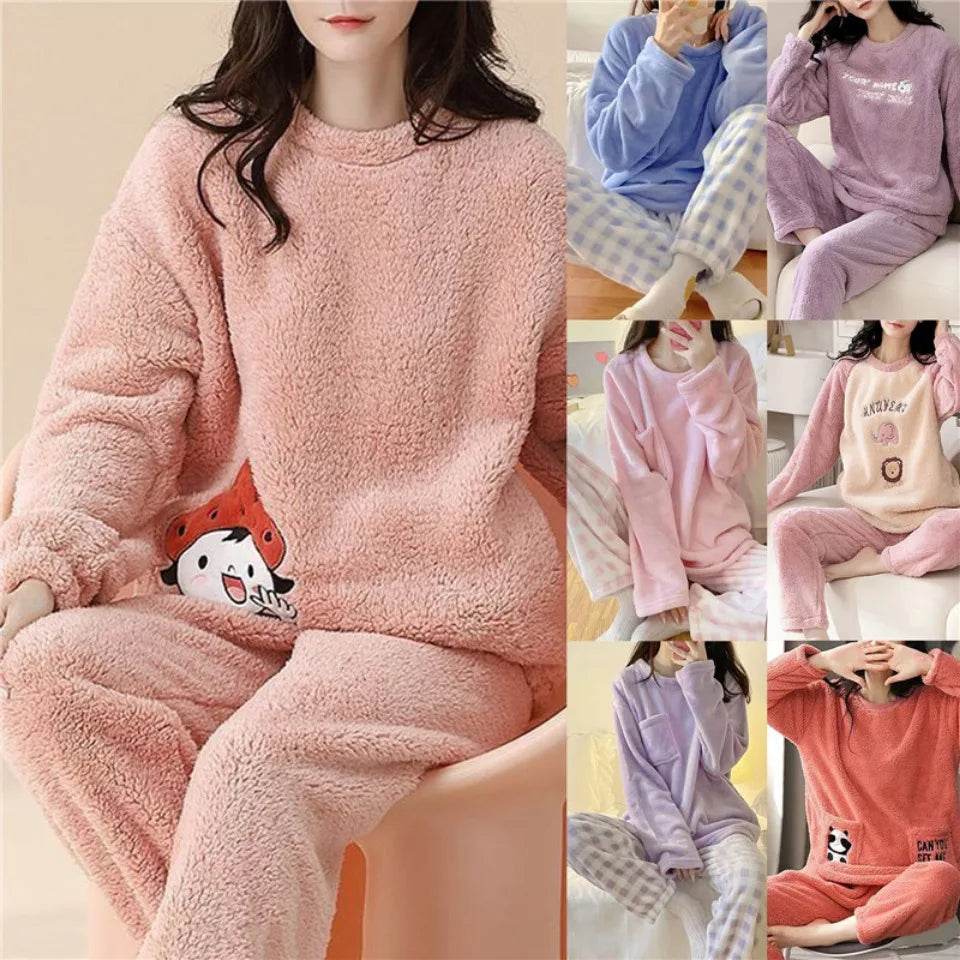 Autumn Winter Flannel Women's Pajamas Sets Polka Dots Printed Teddy Sleepwear Velvet Homewear Kawaii Girsl Pijamas Mujer Pyjama - AIAZ