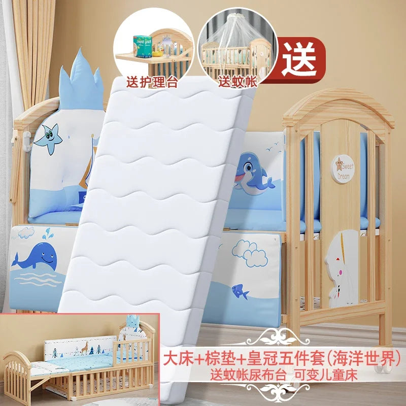 Baby Crib Multifunctional BB Baby Crib Solid Wood Unpainted Cradle Bed Movable Newborn Children Splicing Large Bed