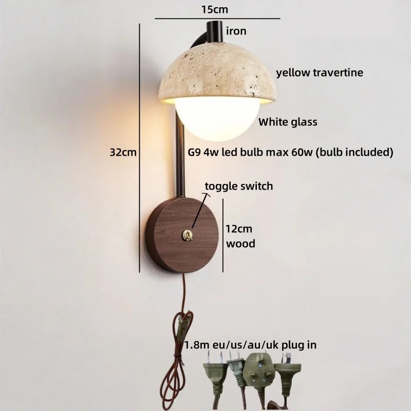 IWHD White Glass Interior LED Wall Lamps Reading With Switch Yellow Travertine Stone Bathroom Mirror Stair Light Wandleuchte
