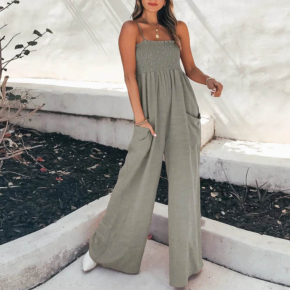 Summer New Suspender Jumpsuit Casual Commuting Women's Clothing Fashion Solid Color Elastic Waist Pocket Wide Leg Jumpsuit - AIAZ