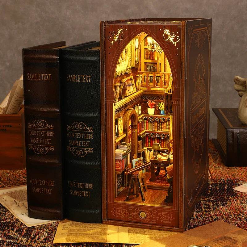DIY Book Nook Shelf Insert Kit 3D Wooden Puzzle Doll House Assembly Building Model Bookends With Furniture LED Light Xmas Gifts - AIAZ