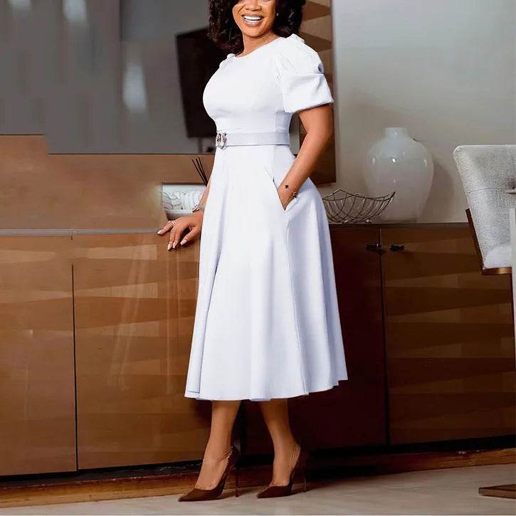 Elegant Office Dress for Women Professional O Neck Short Sleeve Belt Waisted A Line Mid Calf Formal Business Work Dress Midi New - AIAZ