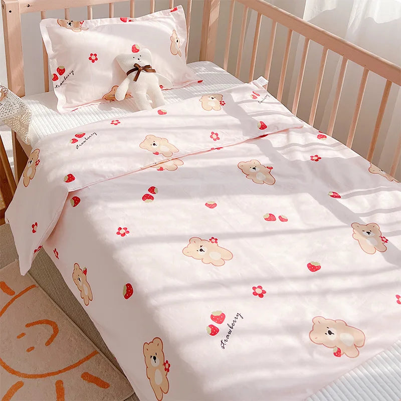3Pcs Set Newborn Baby Cot Sheet Duvet Cover Case Pillowcase Cotton Cartoon Print Crib Flat Bed Sheet Infant Toddlers Beddings