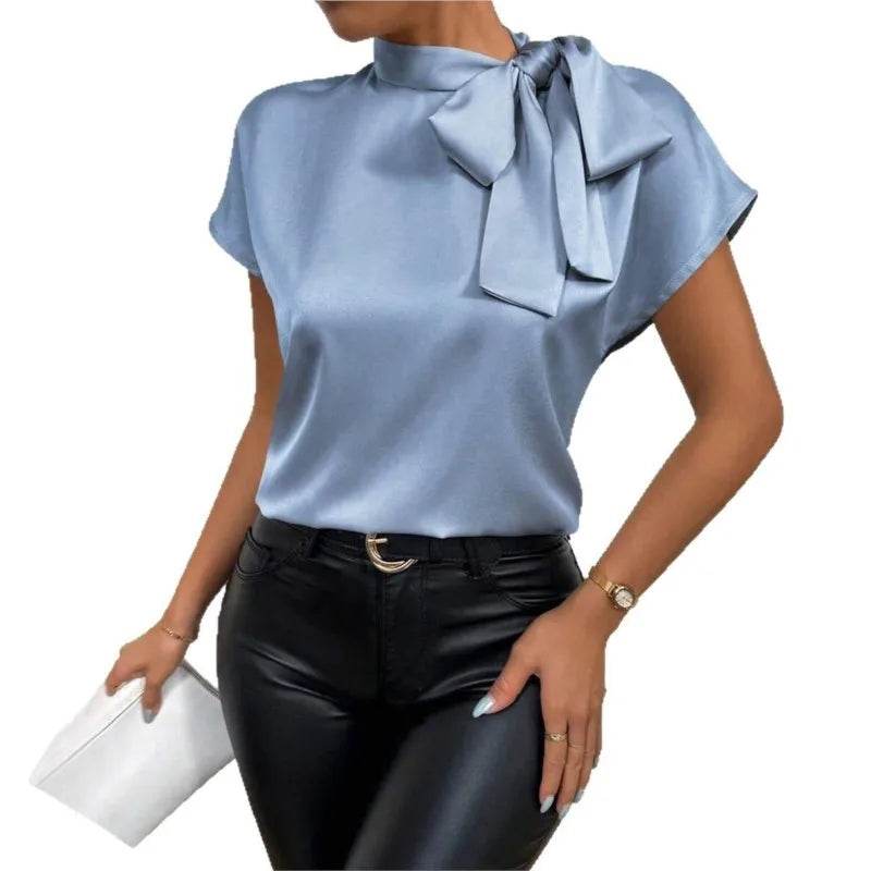Women Shirt Fashion Bow Satin T-shirt Female Short Sleeve Solid Color All-match Pullover Tee Women's Temperament Summer Tops - AIAZ