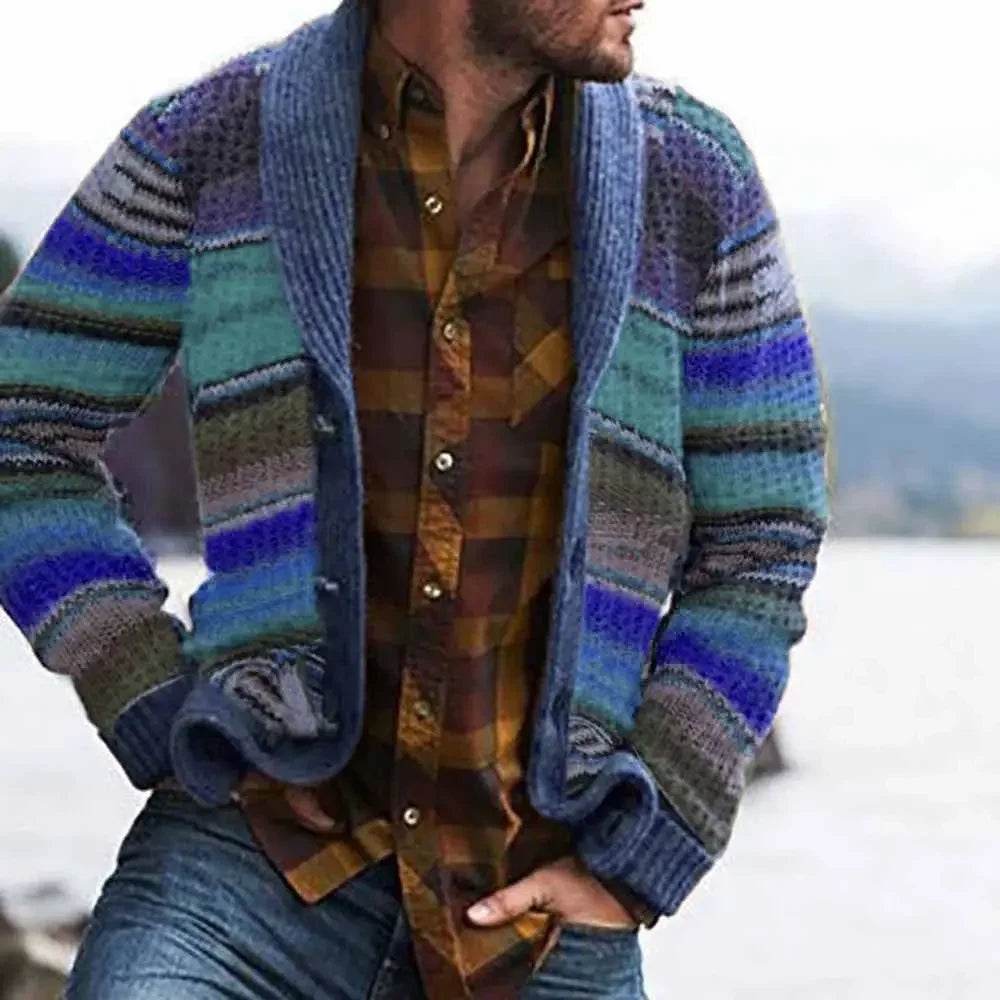 Men's Sweater Jacket Lapel Color-blocked Knitted Cardigan Sweater - AIAZ