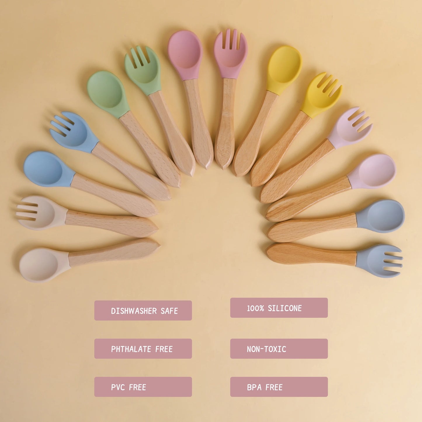 2pcs/set Tableware Baby Spoon Fork Set Children's Silicone Wooden Feeding Training Baby Dinnerware Cutlery Baby Feeding Supplies